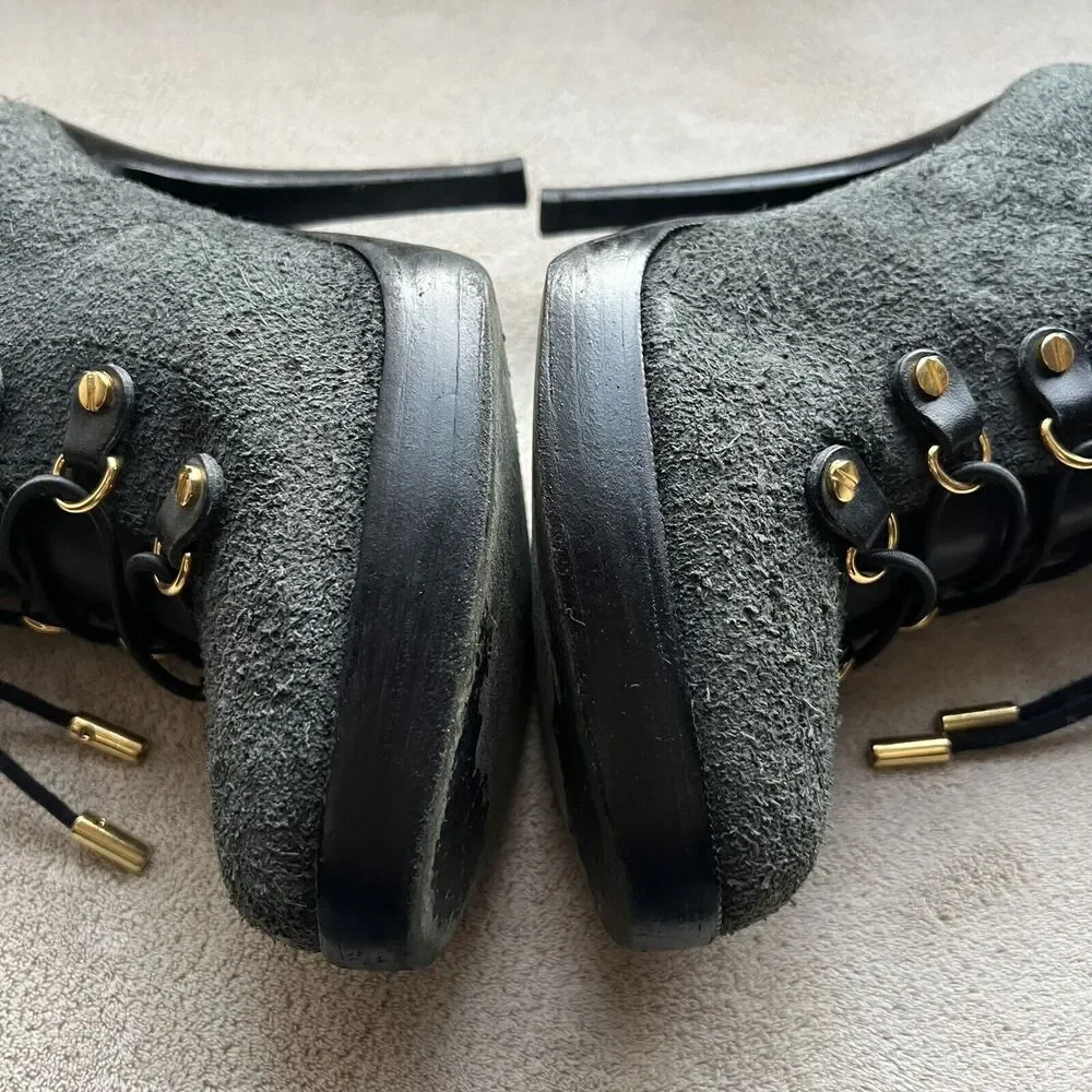 Tory Burch Hamila Dark Gray Distressed Suede Lace Up High Heel Booties Women 6.5